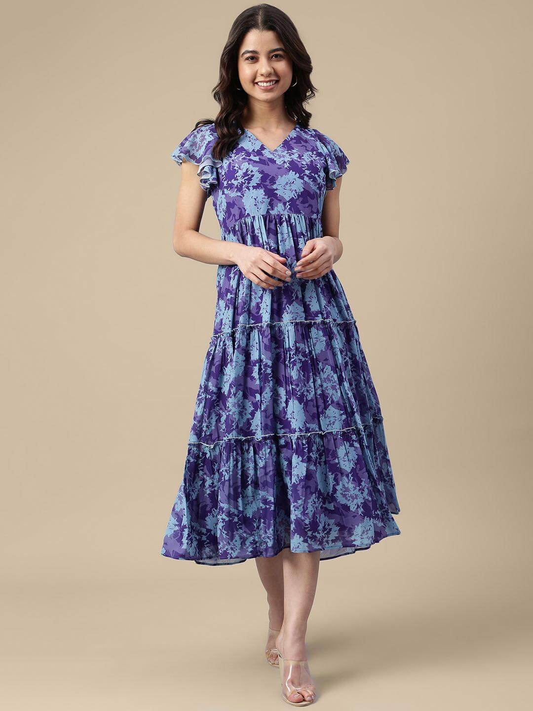 Blue Georgette Printed Flared Western Dress