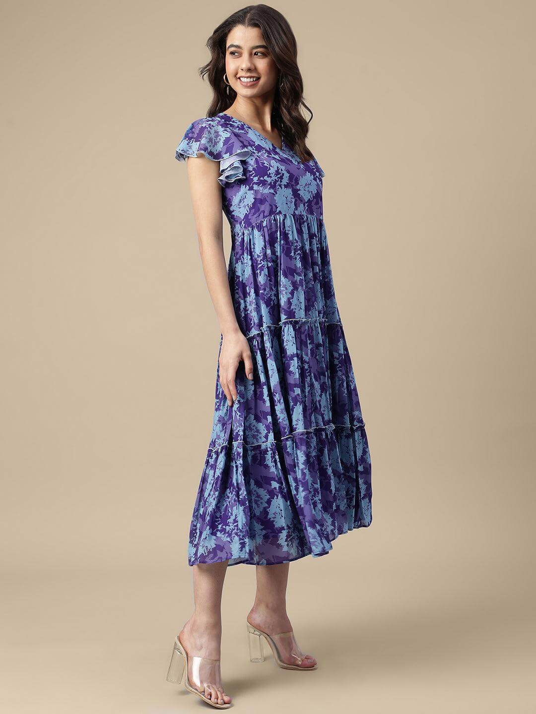 Blue Georgette Printed Flared Western Dress