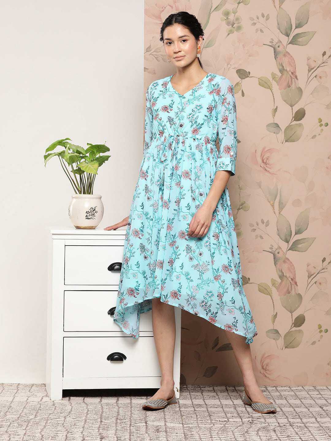 Sky Blue Georgette Floral Print Asymmetric Western Dress