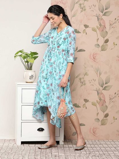 Sky Blue Georgette Floral Print Asymmetric Western Dress