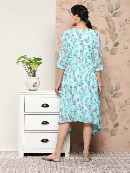 Sky Blue Georgette Floral Print Asymmetric Western Dress