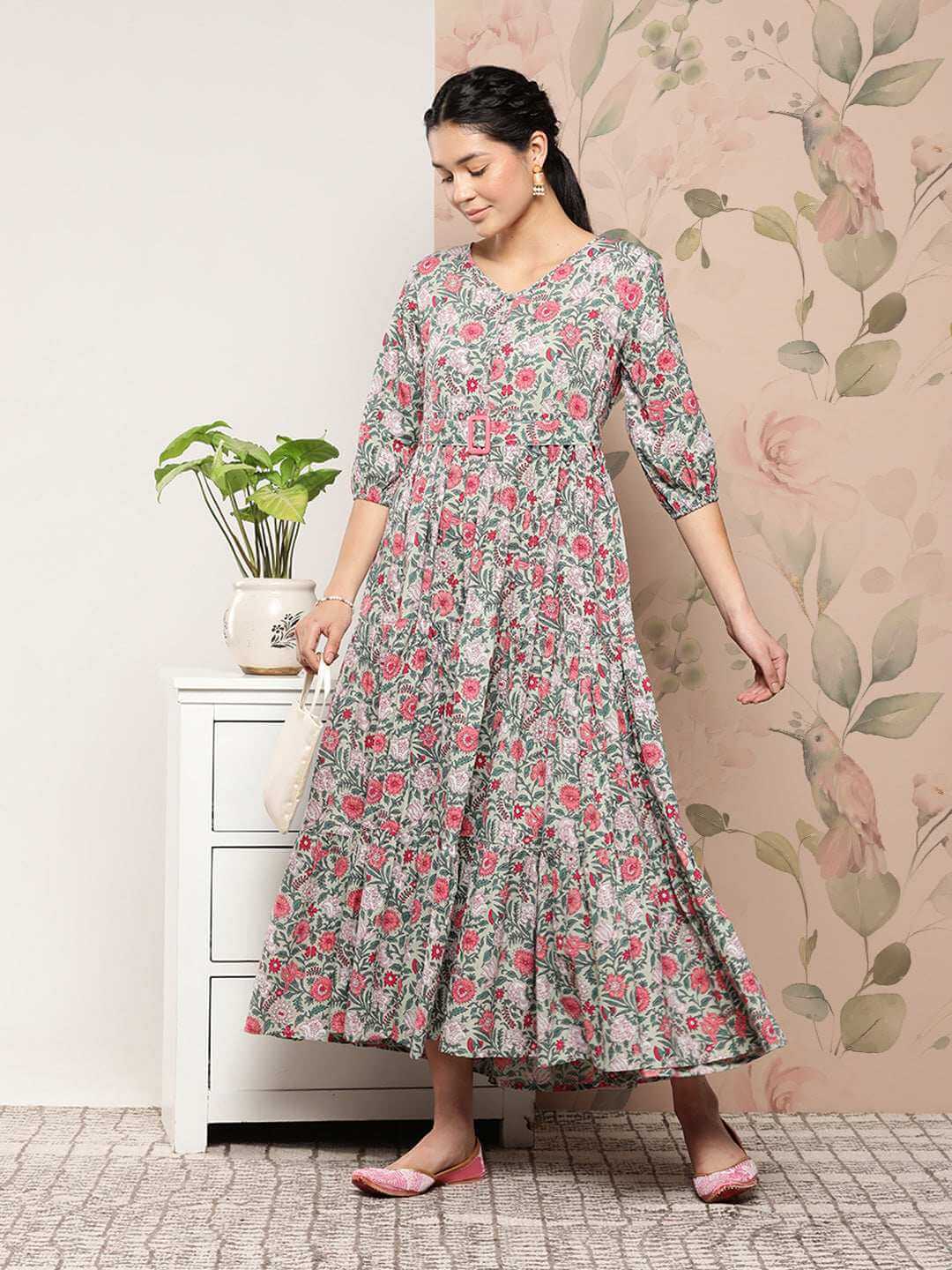 Pastel Green Cotton Floral Print Tiered Western Dress