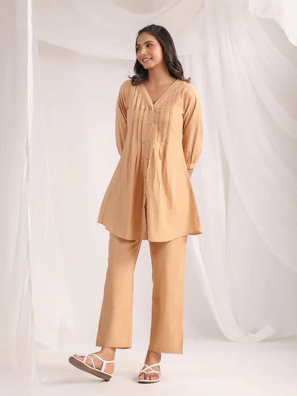 PEACH COTTON JACQUARD SELF DESIGN PLEATED CO-ORD SET