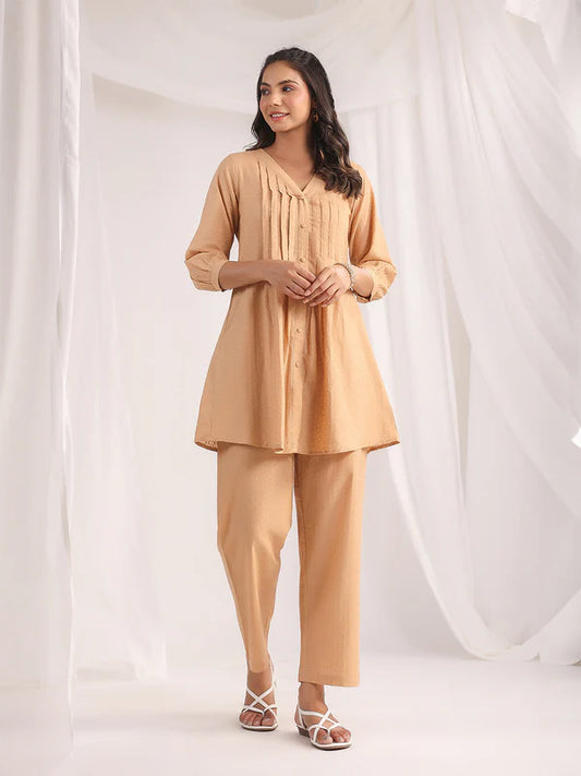 PEACH COTTON JACQUARD SELF DESIGN PLEATED CO-ORD SET