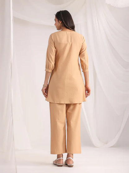 PEACH COTTON JACQUARD SELF DESIGN PLEATED CO-ORD SET