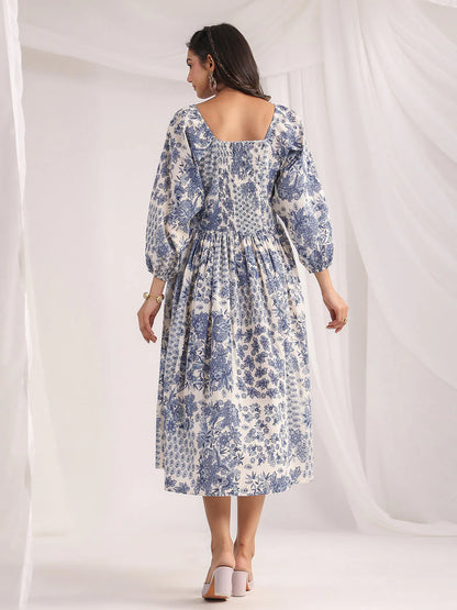 Off White Cotton Floral Gathered Dress