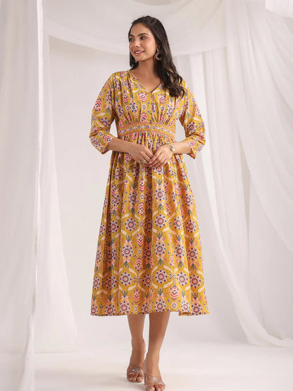 Mustard Cotton Ethnic Motifs Gathered Dress