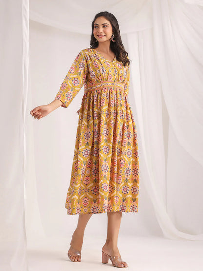 Mustard Cotton Ethnic Motifs Gathered Dress