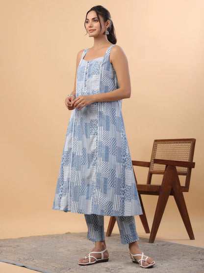 Blue Cotton Ethinc Motifs A-Line Kurta Set