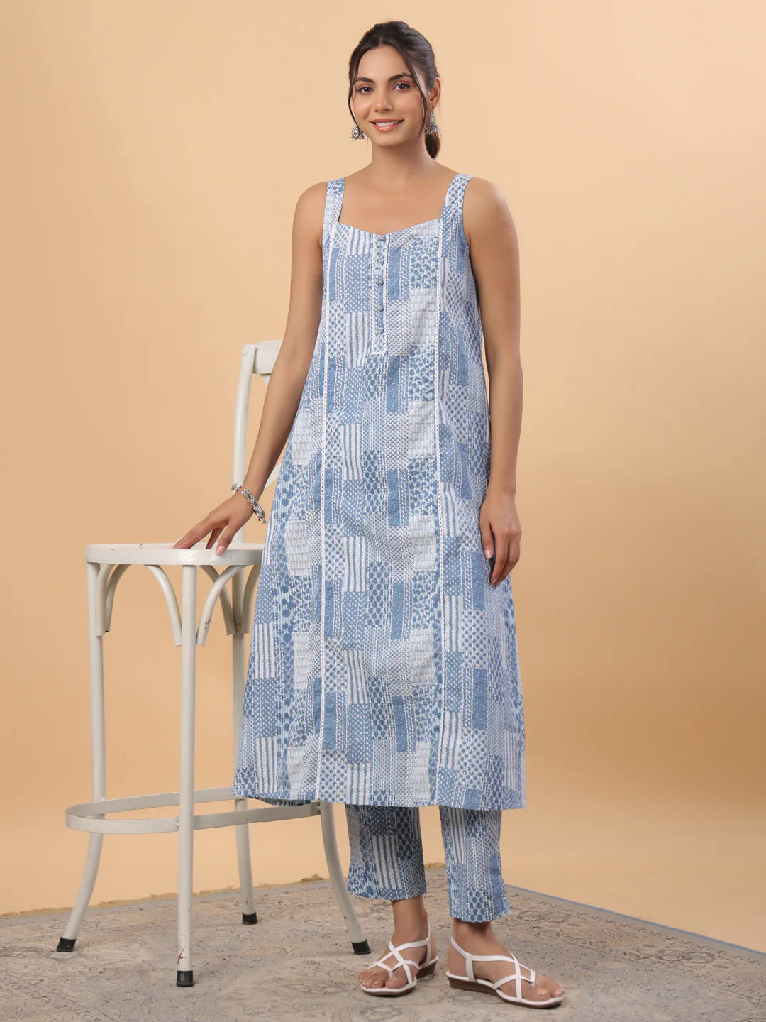 Blue Cotton Ethinc Motifs A-Line Kurta Set