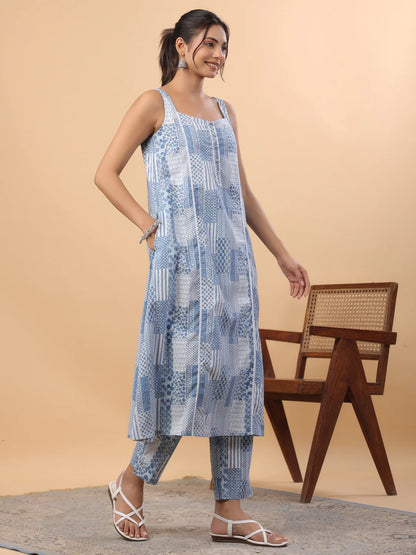 Blue Cotton Ethinc Motifs A-Line Kurta Set