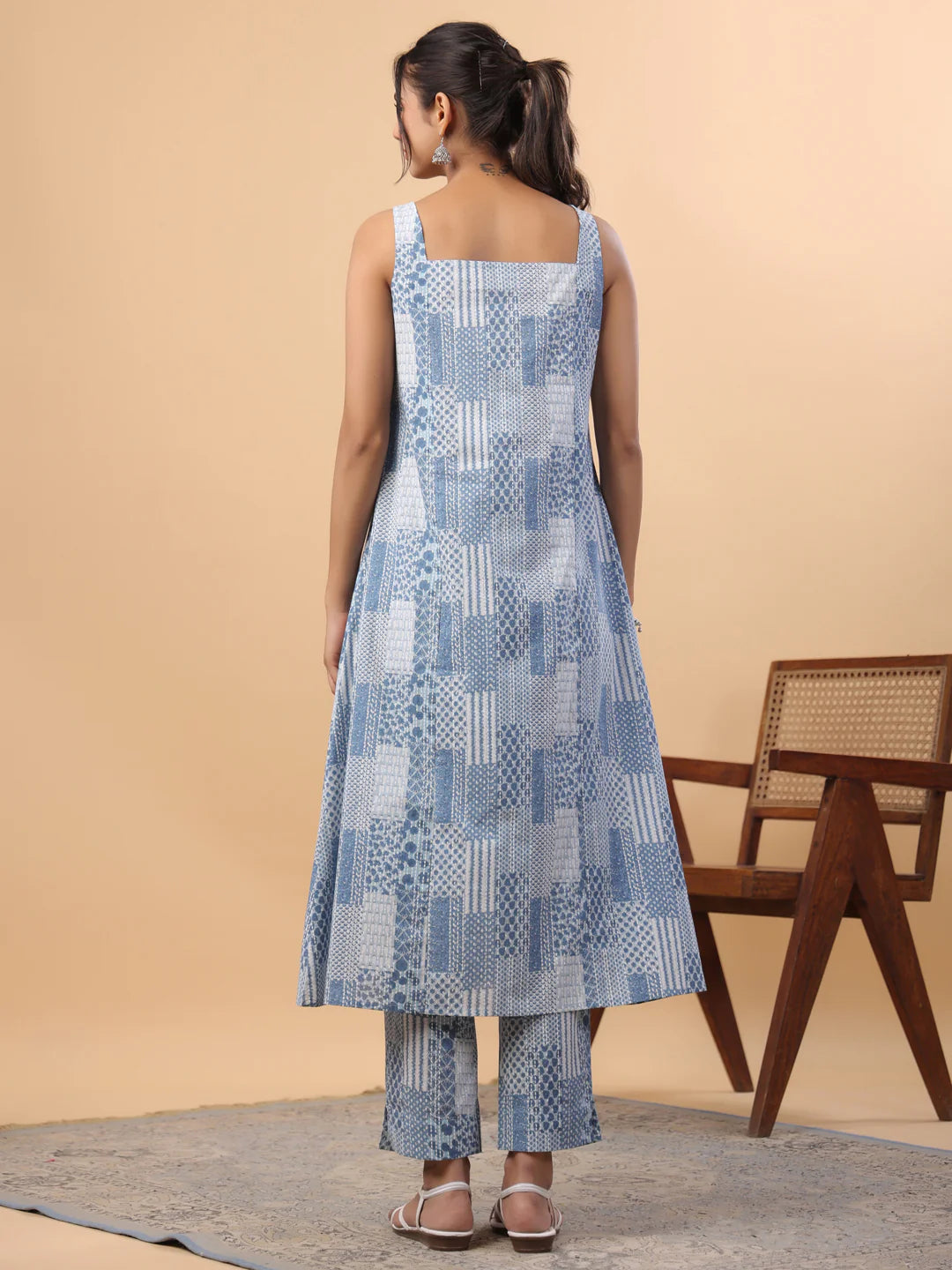 Blue Cotton Ethinc Motifs A-Line Kurta Set