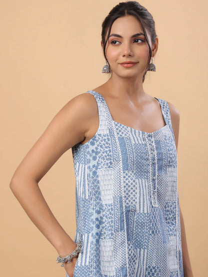 Blue Cotton Ethinc Motifs A-Line Kurta Set