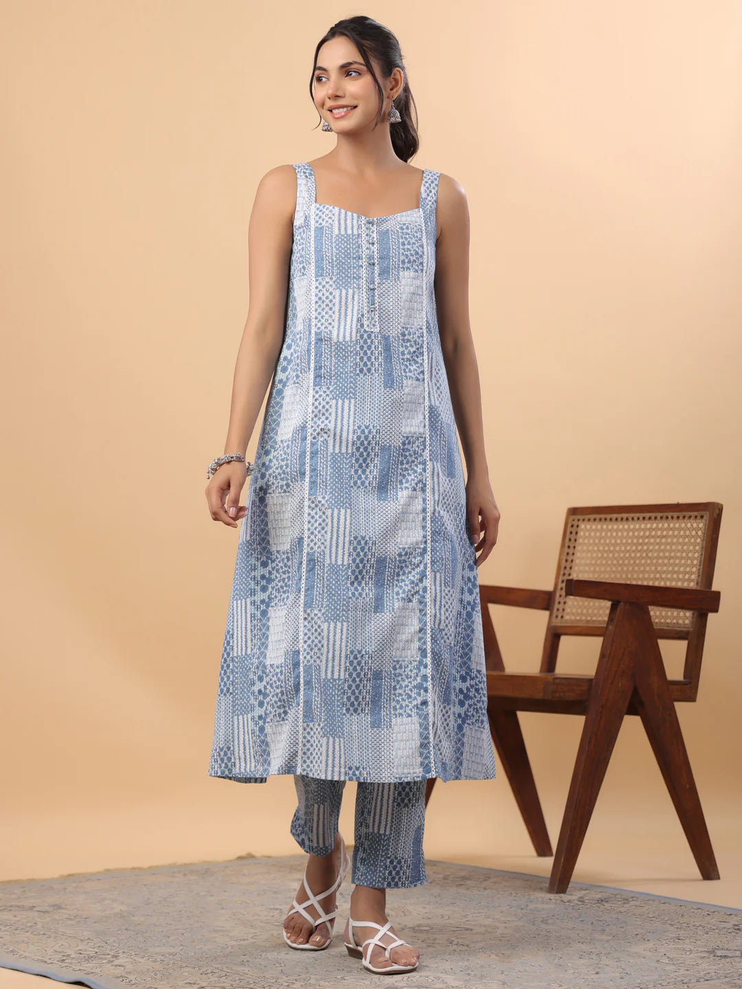 Blue Cotton Ethinc Motifs A-Line Kurta Set