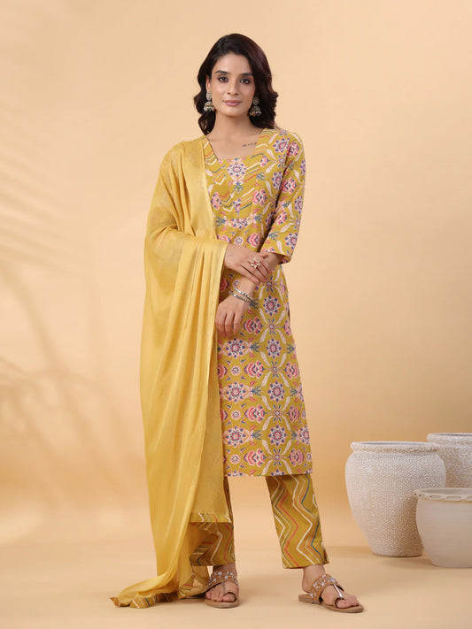 Mustard Cotton Floral Straight Kurta Set