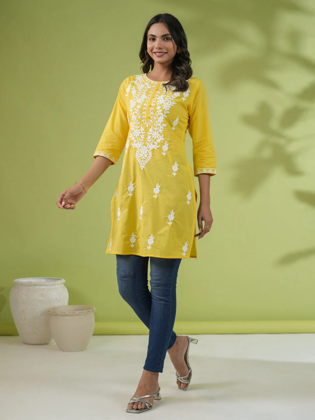 Yellow Cotton Chikankari Regular Tunic