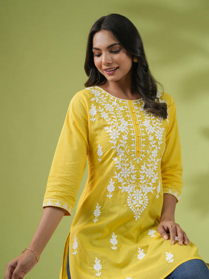 Yellow Cotton Chikankari Regular Tunic