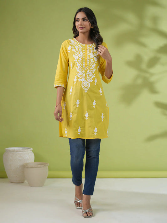 Yellow Cotton Chikankari Regular Tunic