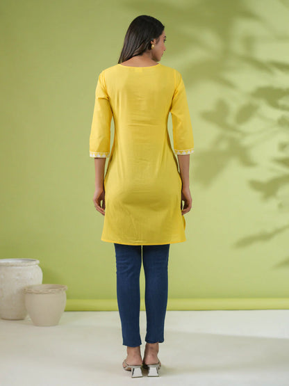 Yellow Cotton Chikankari Regular Tunic