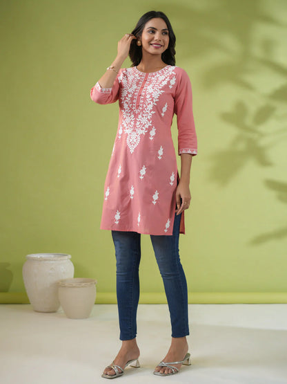 Peach Cotton Chikankari Regular Tunic