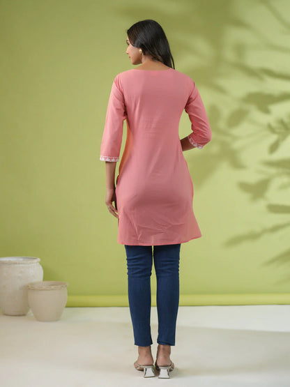 Peach Cotton Chikankari Regular Tunic