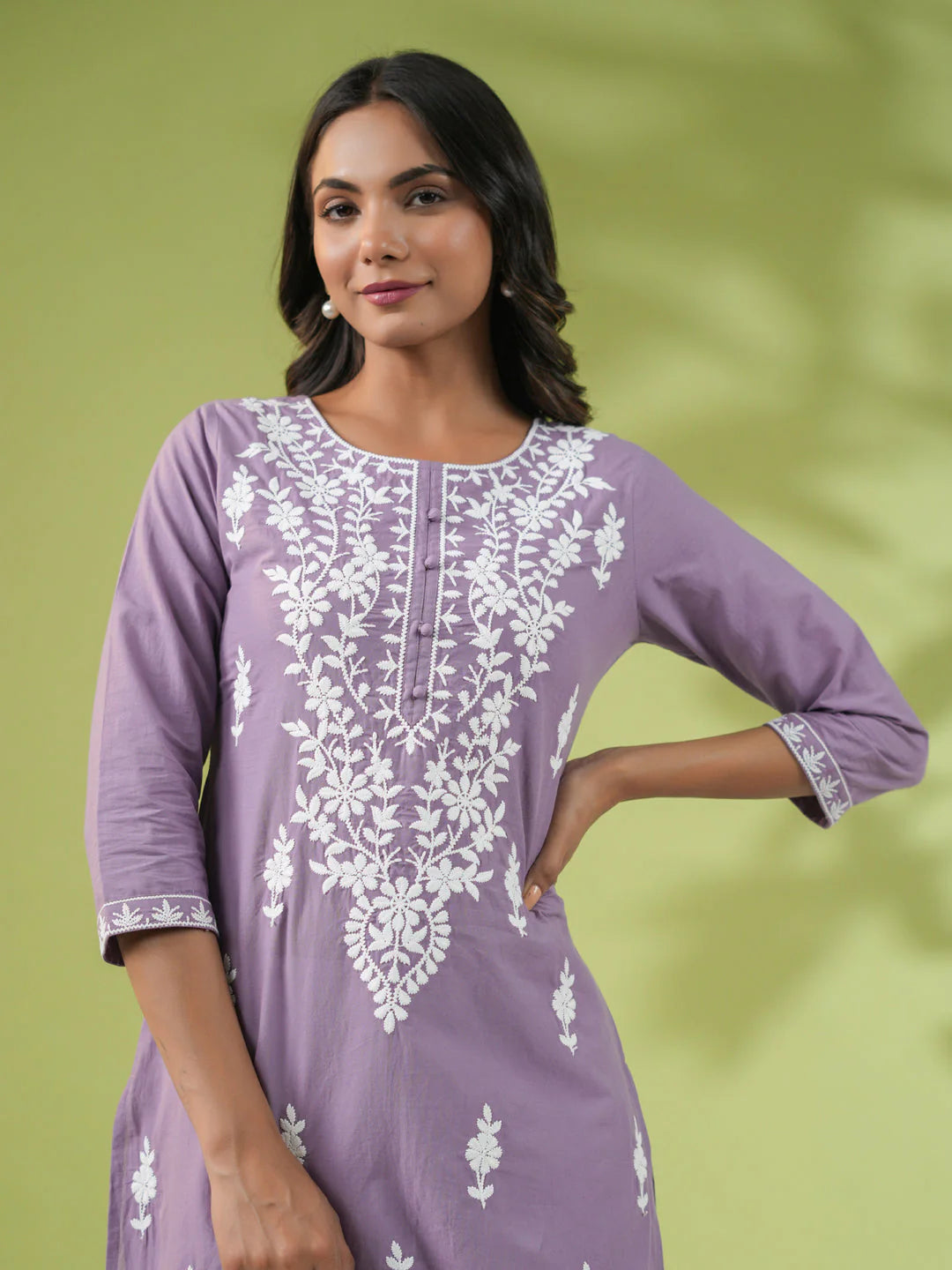 Lavender Cotton Embroidered Regular Tunic