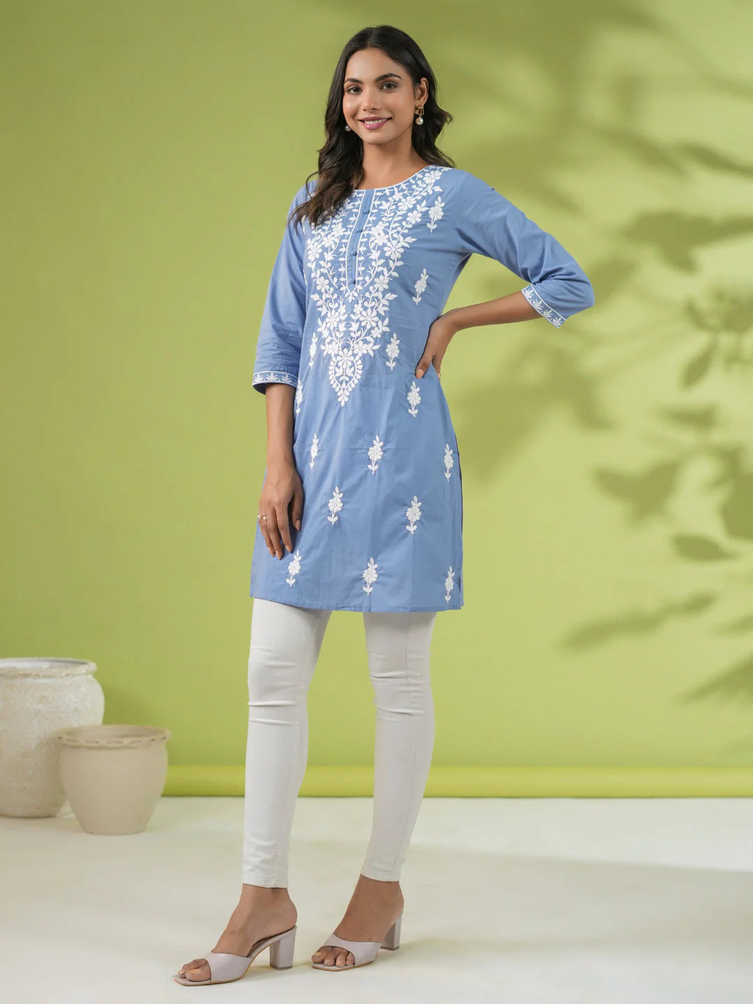 Blue Cotton Embroidered Regular Tunic