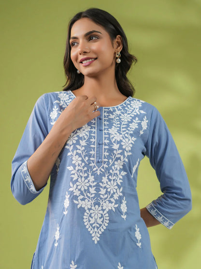 Blue Cotton Embroidered Regular Tunic