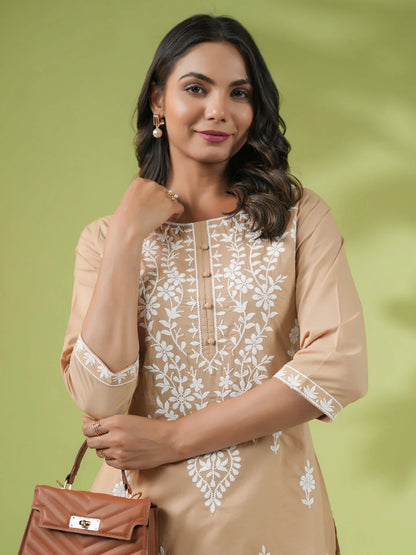 Beige Cotton Chikankari Regular Tunic