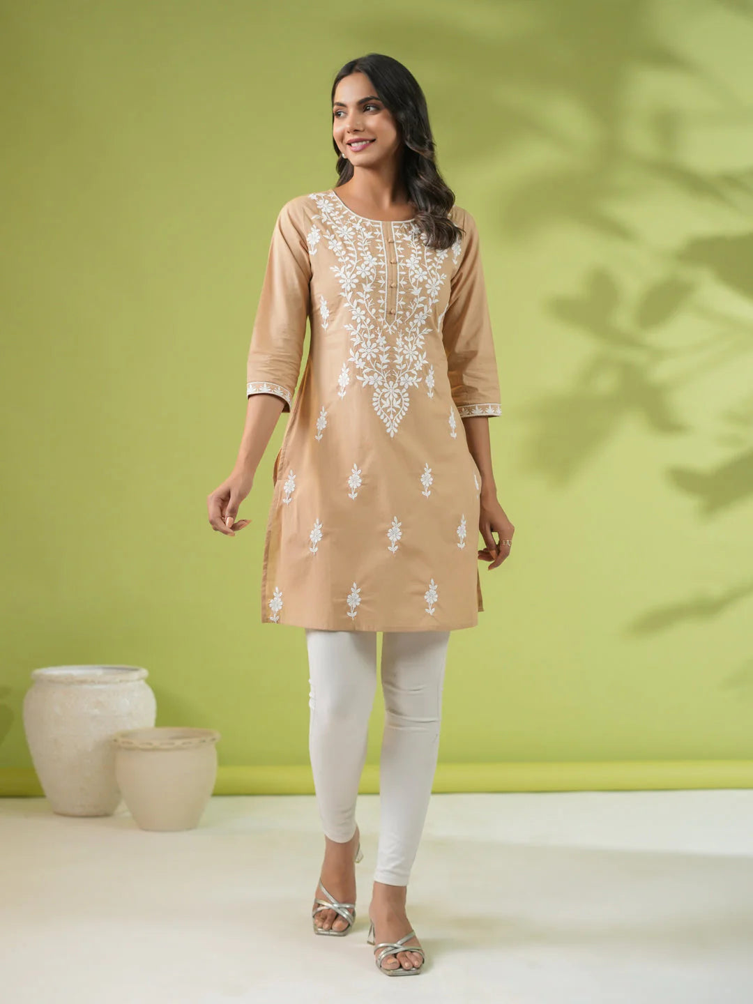 Beige Cotton Chikankari Regular Tunic