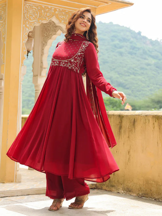 Maroon Georgette Embroidered Anarkali Kurta Set