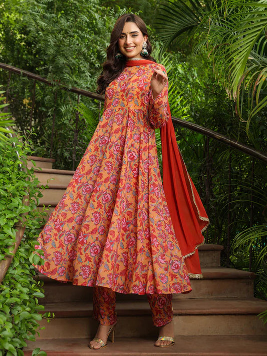 Mustard Georgette Floral Printed Anarkali Kurta Set