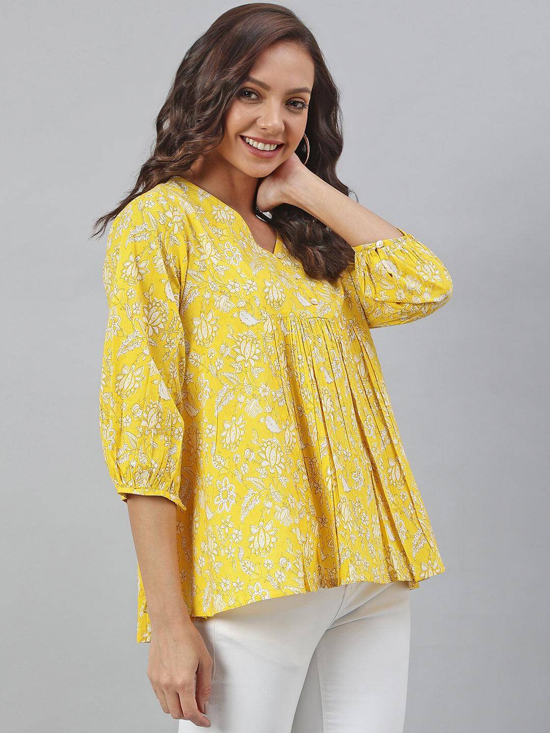 Yellow Cotton Floral Print Flared Top