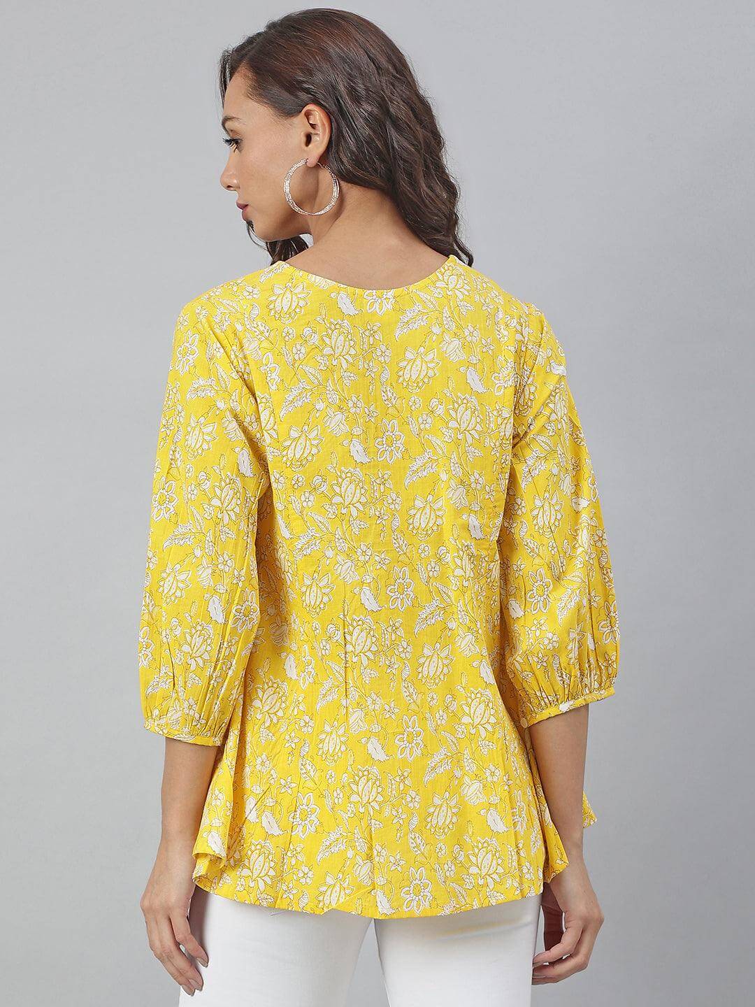 Yellow Cotton Floral Print Flared Top