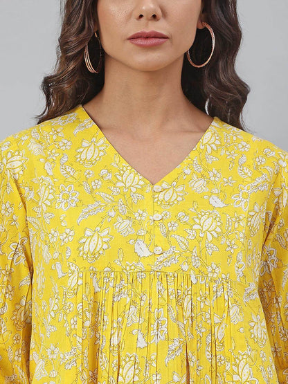 Yellow Cotton Floral Print Flared Top