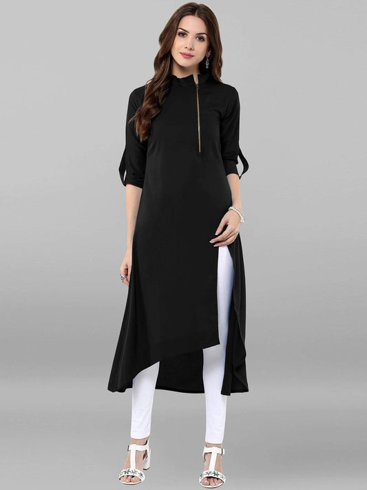 Black Poly Crepe Solid High Low Kurta