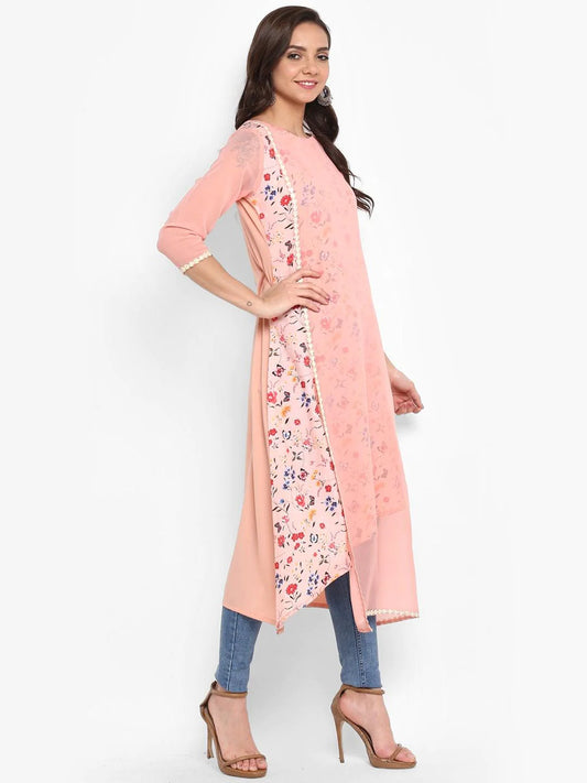 Peach Poly Crepe Floral Print A-Line Kurta