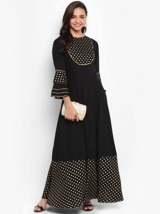 Black Poly Crepe Golden Butti Anarkali Kurta