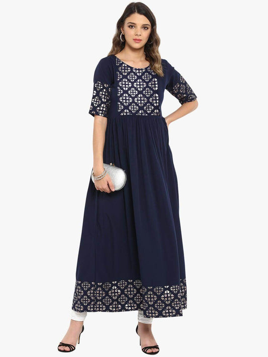 Dark Blue Poly Crepe Foil Print Flared Kurta