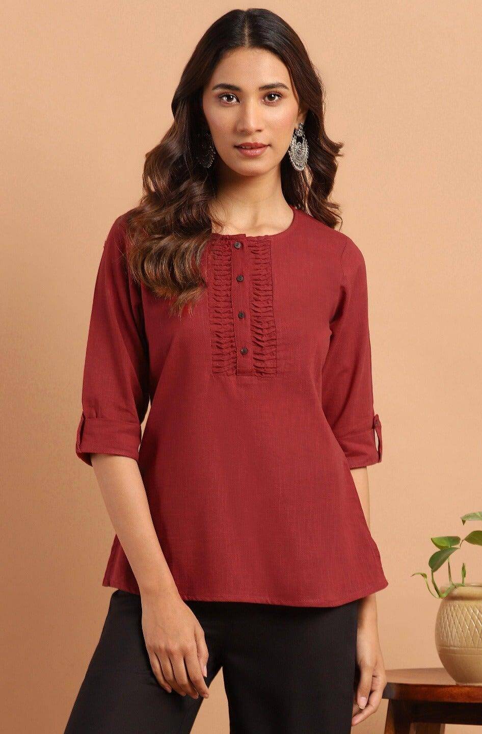 Maroon Cotton Slub Solid Regular Top