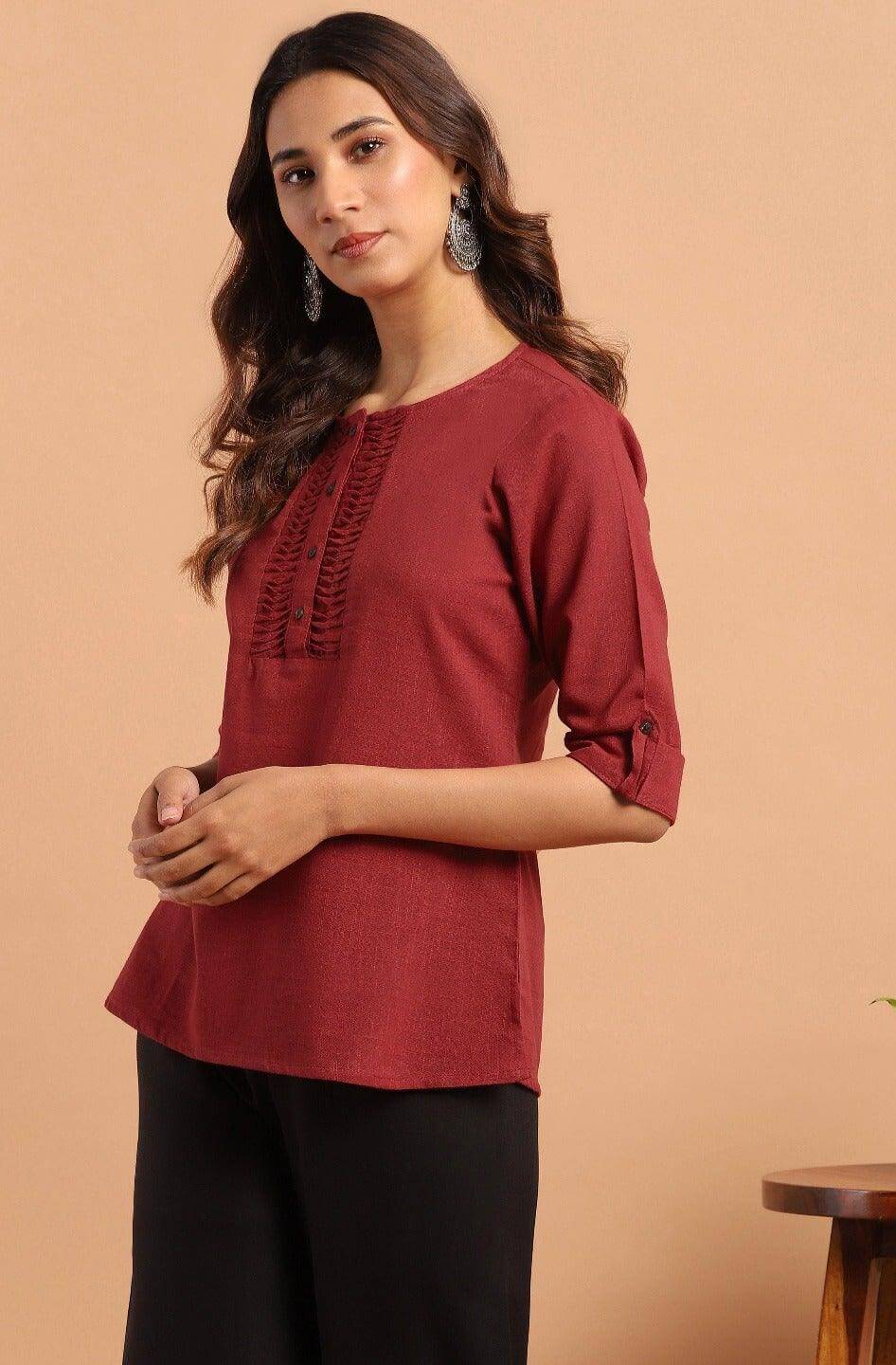 Maroon Cotton Slub Solid Regular Top