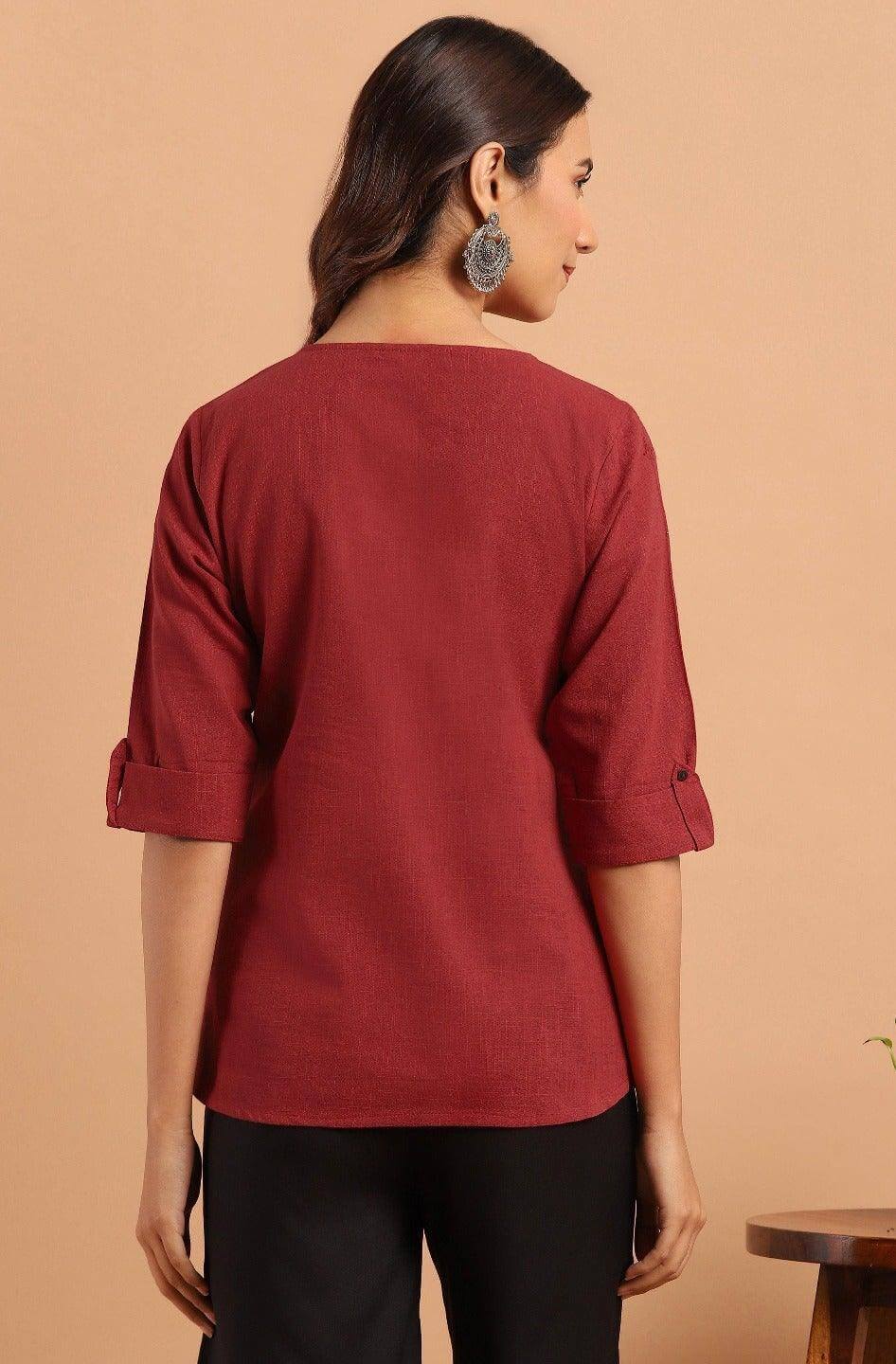 Maroon Cotton Slub Solid Regular Top