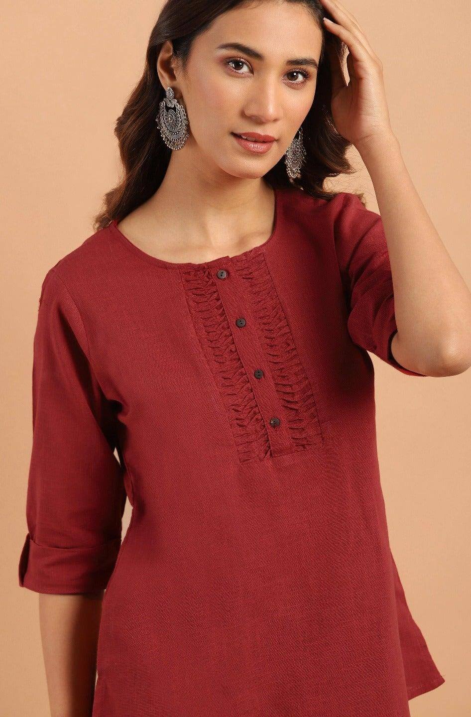 Maroon Cotton Slub Solid Regular Top