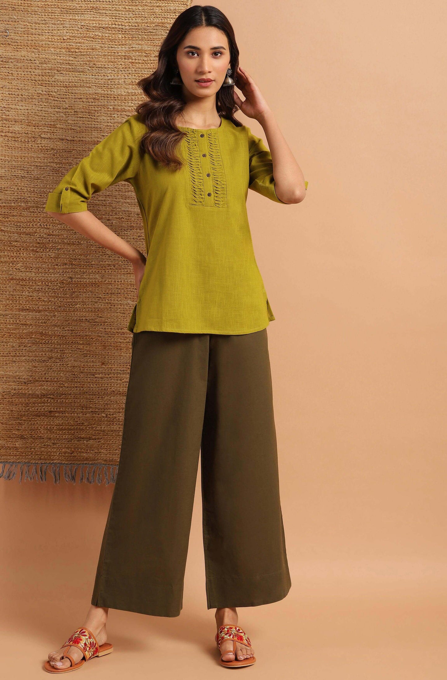 Green Cotton Slub Solid Regular Top