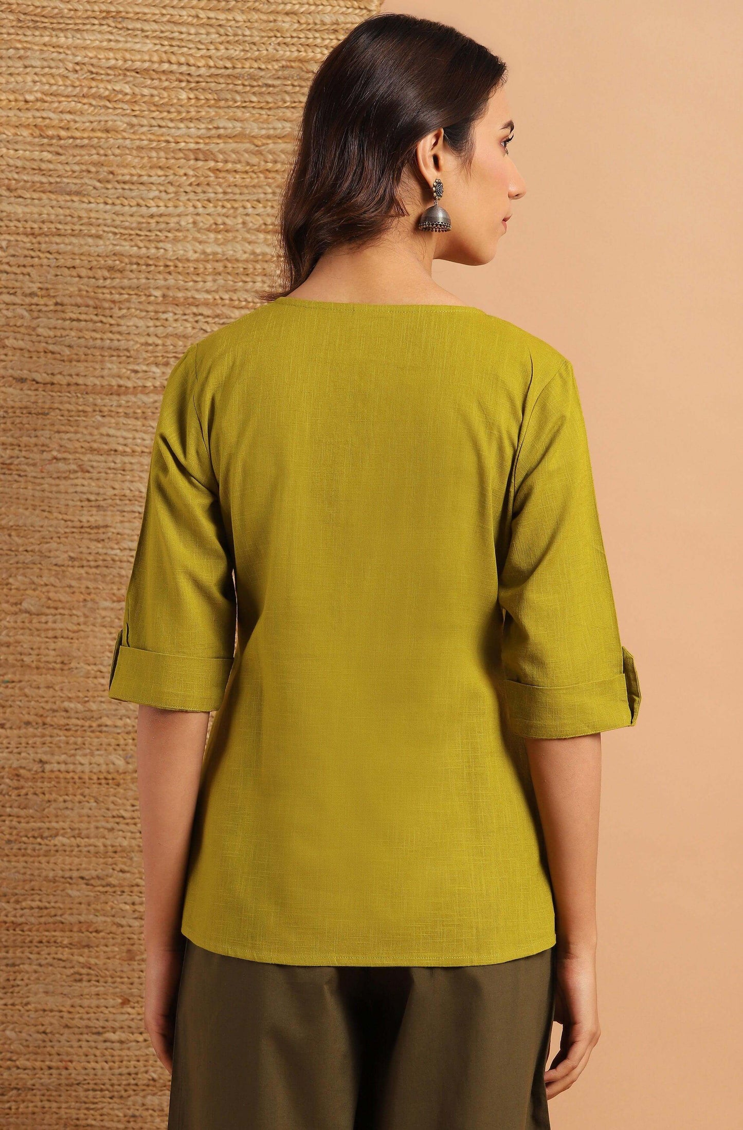 Green Cotton Slub Solid Regular Top