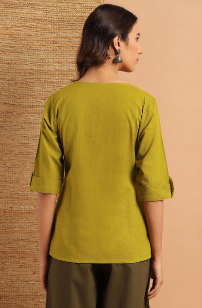 Green Cotton Slub Solid Regular Top