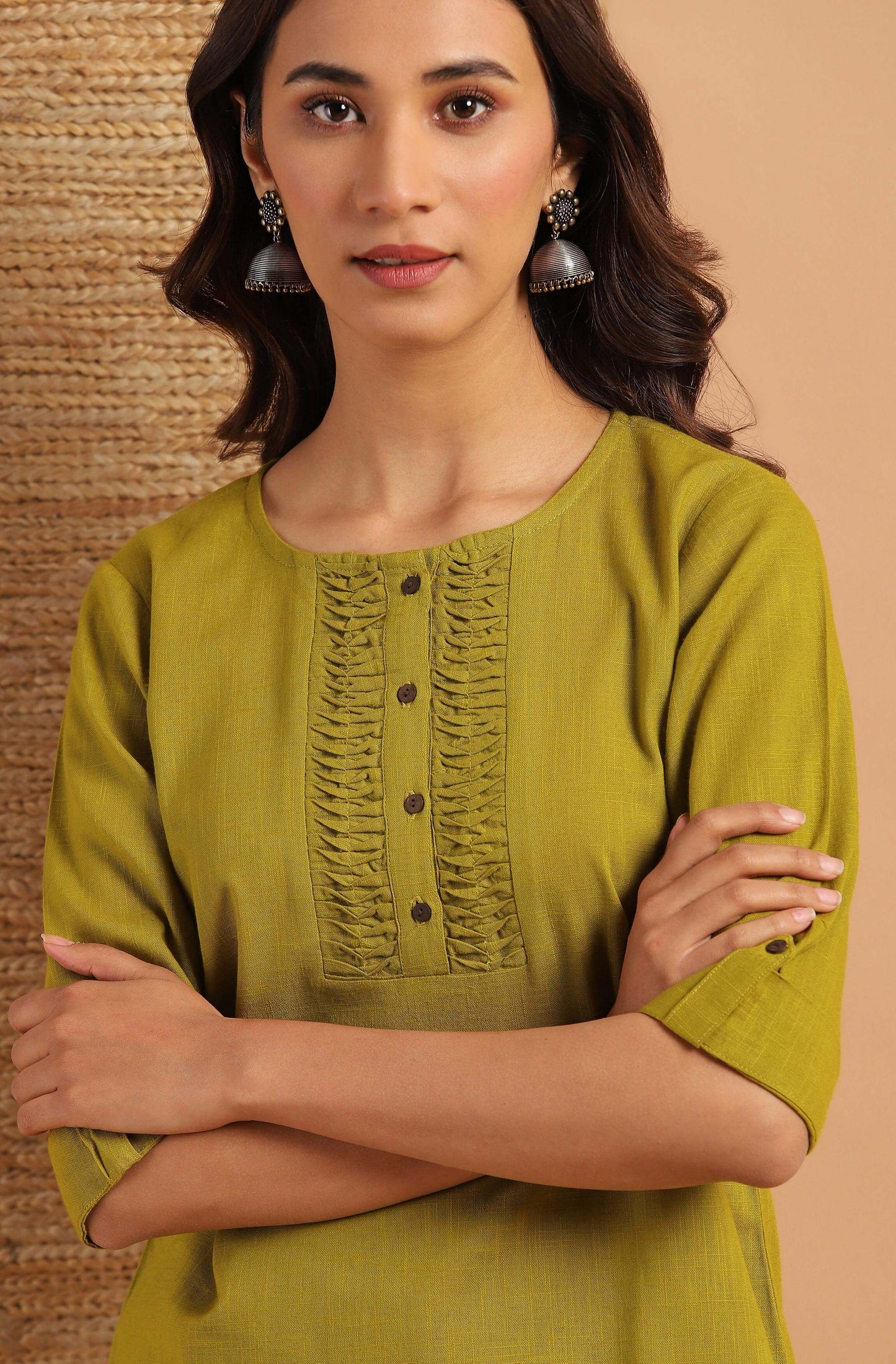 Green Cotton Slub Solid Regular Top