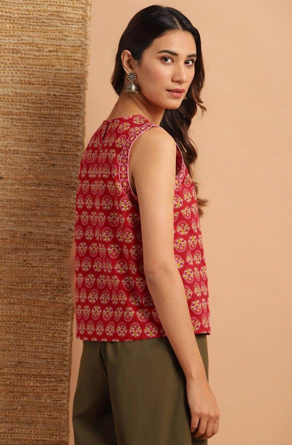 Red Cotton Floral Print Regular Top