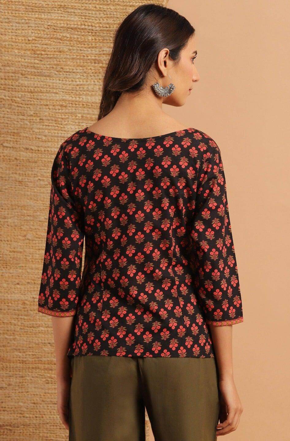 Black Cotton Floral Print Regular Top