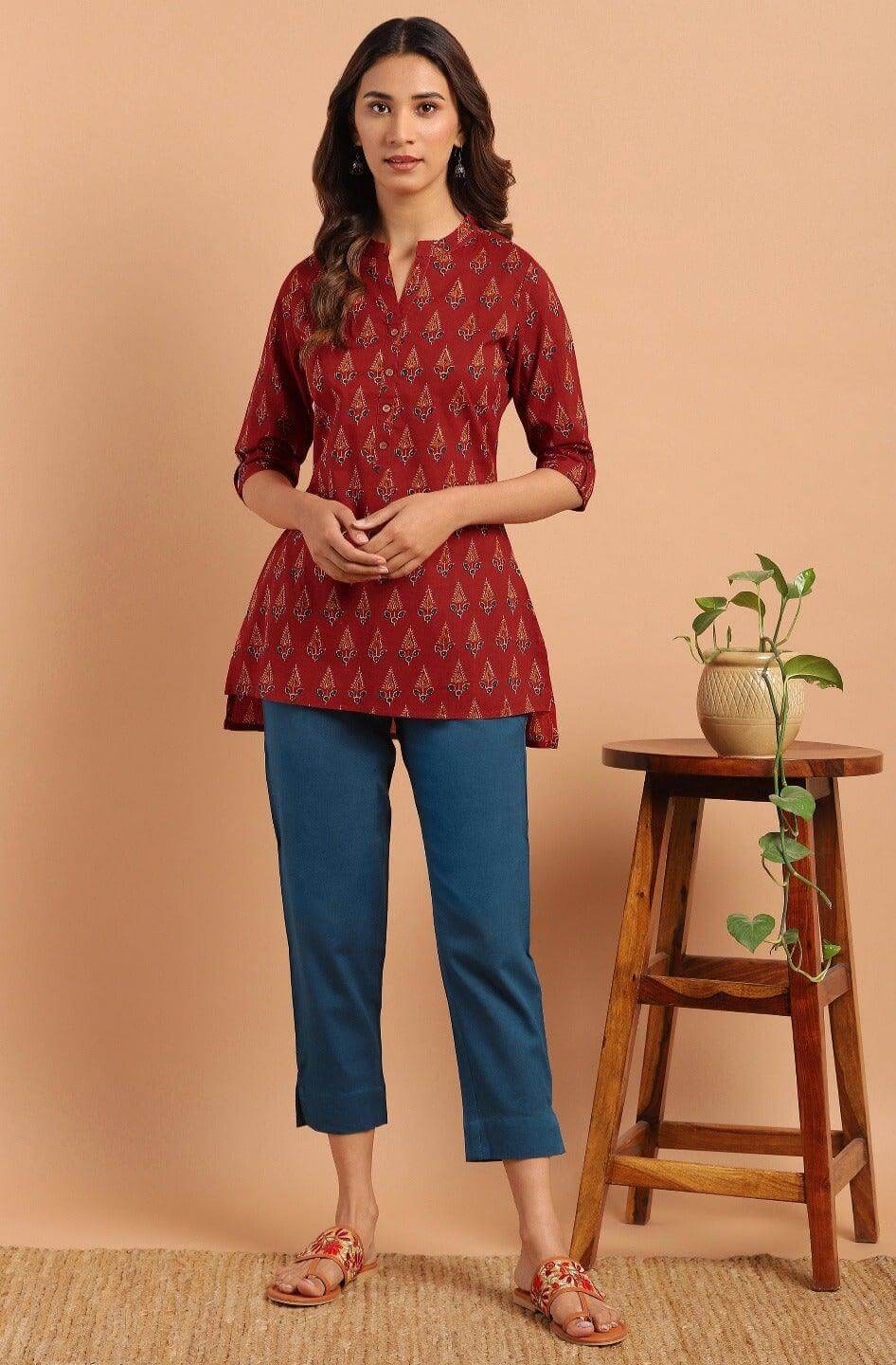 Red Cotton Ethnic Motifs Straight Tunic